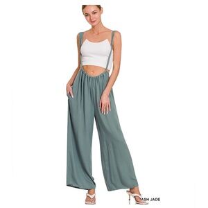 Zenana WOVEN TIE BACK SUSPENDER JUMPSUIT WITH POCKETS